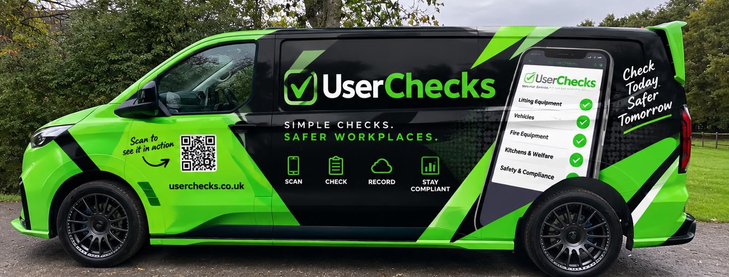 The UserChecks van in black and green livery, carrying the tagline Simple Checks. Safer Workplaces.